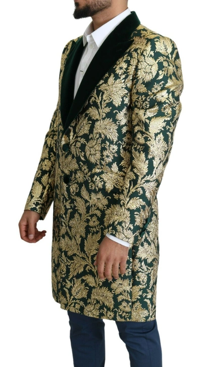 Dolce & Gabbana Jacket Sicilia Green Gold Jacquard Long Coat In Green