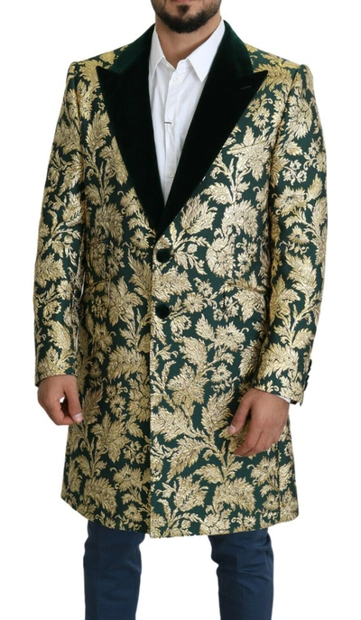 Shop Dolce & Gabbana Elegant Gold Green Jacquard Sicilia Men's Jacket