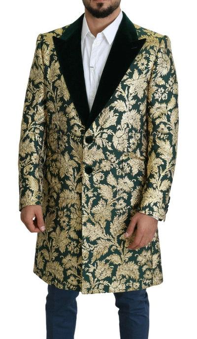 Dolce & Gabbana Jacket Sicilia Green Gold Jacquard Long Coat In Green
