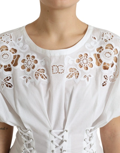 Shop Dolce & Gabbana Elegant White Floral Lace-up Women's Blouse
