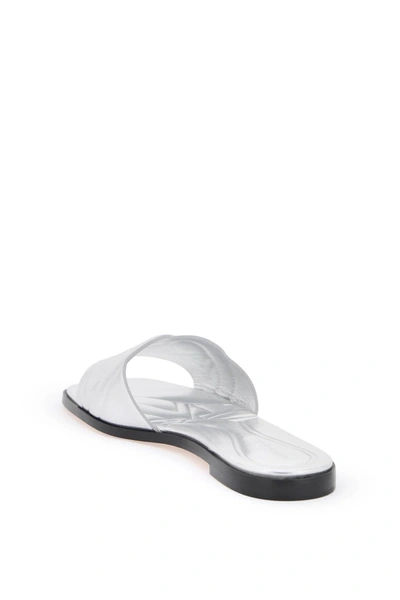 Shop Alexander Mcqueen Laminated Leather Slides With Embossed Seal Logo Women In Silver