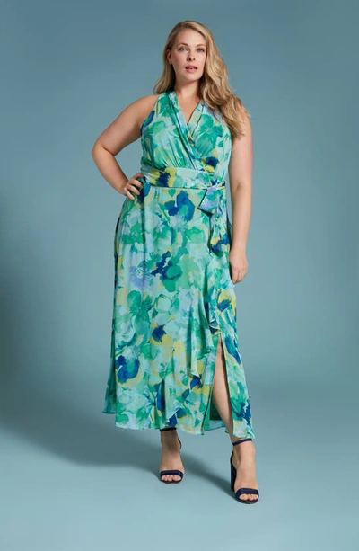 Shop London Times Floral Sleeveless Chiffon Maxi Dress In Peri Green
