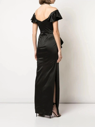 Shop Marchesa Off-the-shoulder Satin Draped Gown In Black