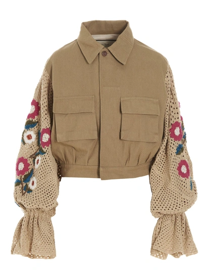 Shop Tu Lizé Crochet Sleeves Jacket Casual Jackets, Parka In Beige