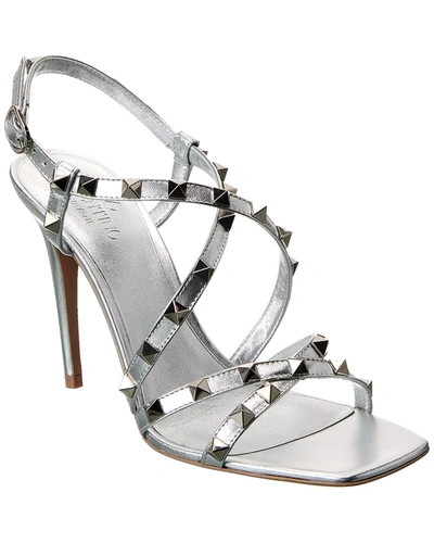 Shop Valentino Rockstud 100 Leather Sandal In Silver