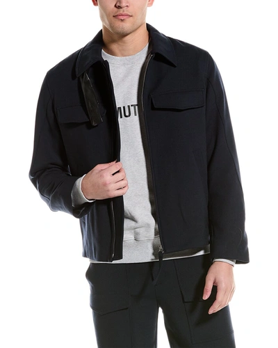 Shop Helmut Lang Rounded Leather-trim Wool-blend Bomber Jacket In Blue