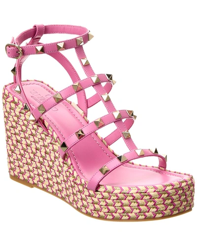 Shop Valentino Rockstud Caged 95 Leather Wedge Sandal In Pink