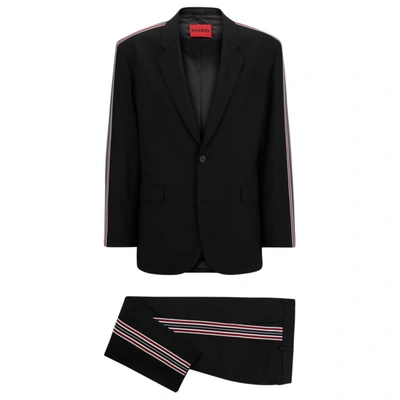 Shop Hugo Wool-blend Suit With Striped-tape Trims In Black