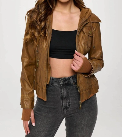 Shop Coalition La Vegan Leather Girl Next Door Hooded Jacket In Brown