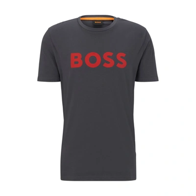 Shop Hugo Boss Cotton-jersey T-shirt With Rubber-print Logo In Grey