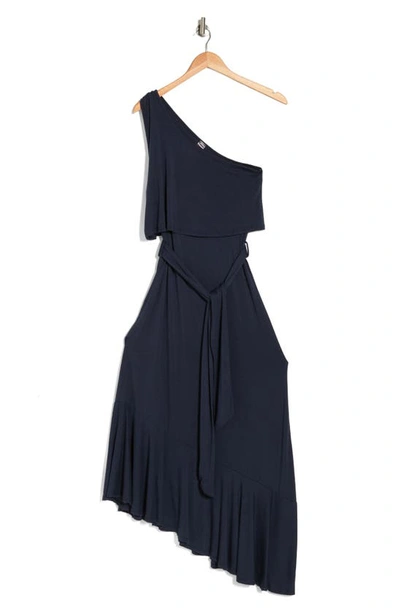 Shop Go Couture Asymmetric Tie Waist One-shoulder Dress In Navy
