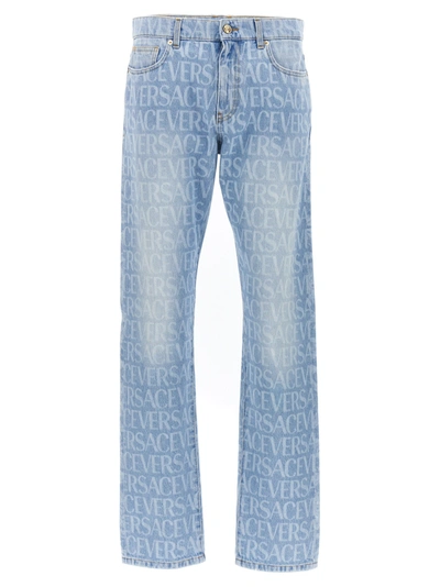Shop Versace Allover Jeans Light Blue