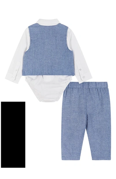 Shop Andy & Evan Short Sleeve Button-up Shirt, Vest, Pants & Bow Tie Set In Blue