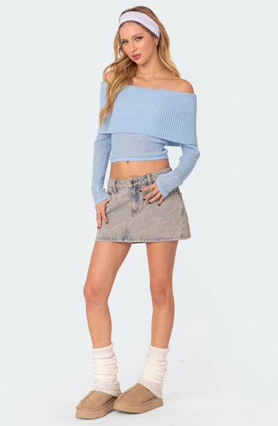 Shop Edikted Lili Foldover Off The Shoulder Crop Sweater In Light-blue