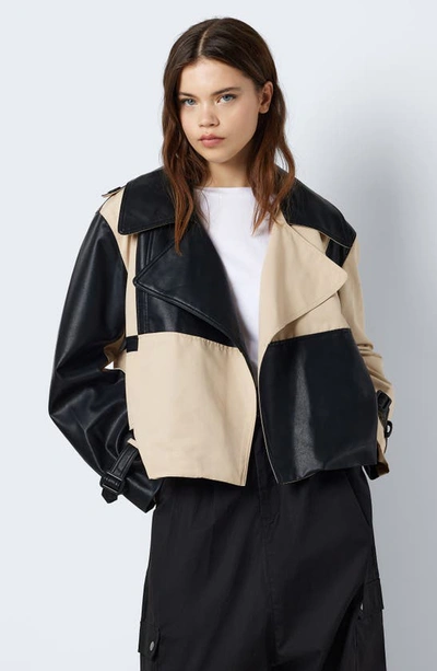 Shop Noisy May Paula Colorblock Leather Trim Jacket In Black Detail Safari