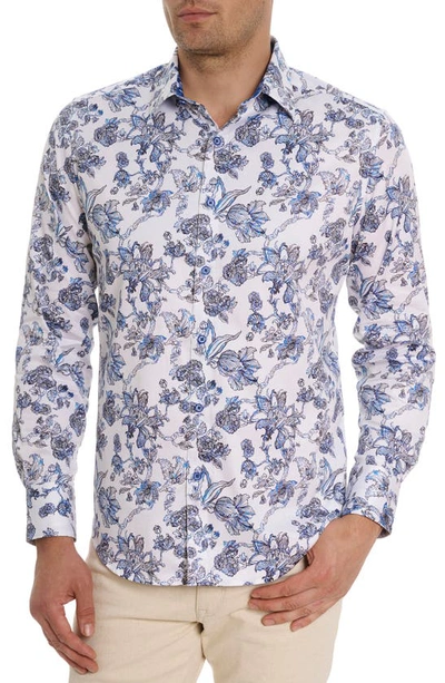 Shop Robert Graham Sea Bloom Floral Stretch Cotton Button-up Shirt In Blue/ White
