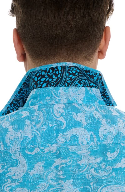 Shop Robert Graham Poseidon Short Sleeve Linen & Cotton Jacquard Button-up Shirt In Turquoise