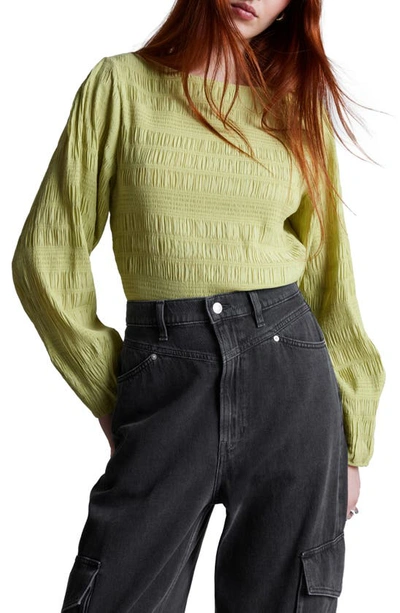 Shop & Other Stories Smocked Boat Neck Top In Green Dusty Light