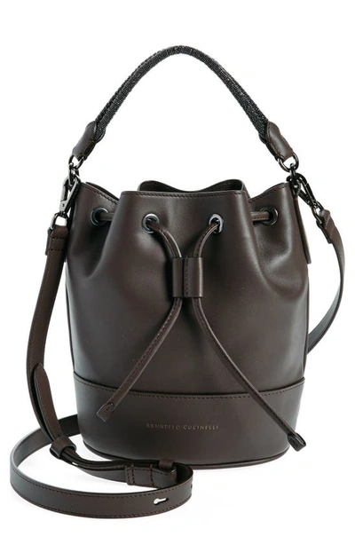 Shop Brunello Cucinelli Monili Trim Leather Bucket Bag In C8279 Dark Brown