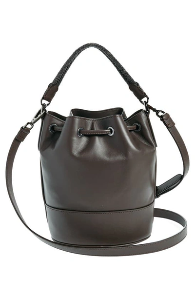 Shop Brunello Cucinelli Monili Trim Leather Bucket Bag In C8279 Dark Brown