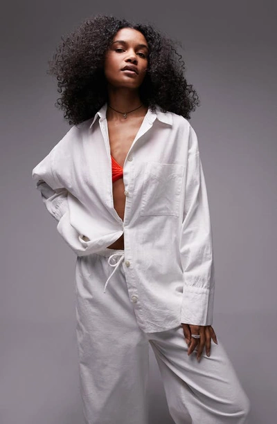 Shop Topshop Beach Cotton & Linen Button-up Cover-up Shirt In White