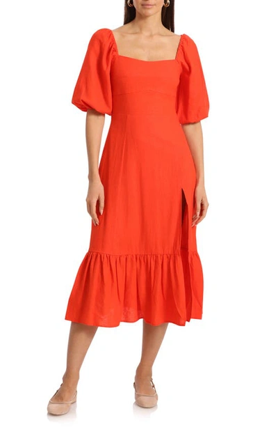 Shop Avec Les Filles Puff Sleeve Midi Dress In Orange Coral