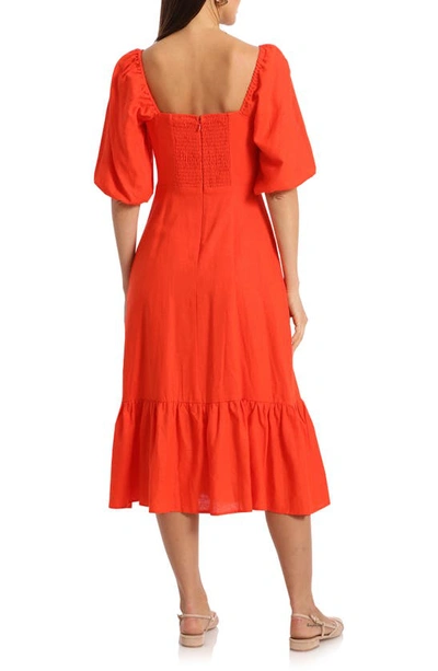 Shop Avec Les Filles Puff Sleeve Midi Dress In Orange Coral