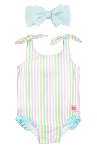 Shop Rufflebutts Kids' Stripe One-piece Swimsuit & Bow Headband Set In Aqua Multi Stripe