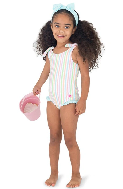 Shop Rufflebutts Kids' Stripe One-piece Swimsuit & Bow Headband Set In Aqua Multi Stripe