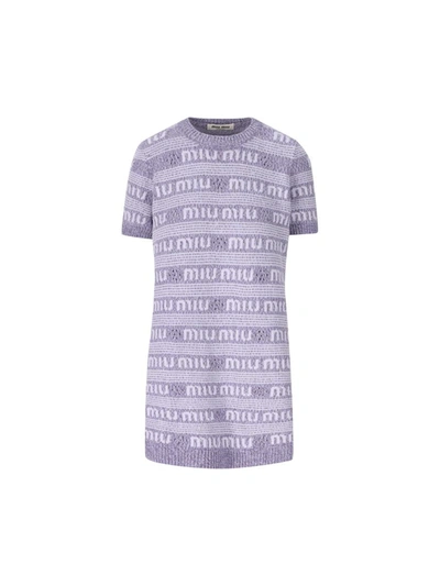 Miu Miu Wool Blend Mini Sweater Dress With Embroidery In Glycine
