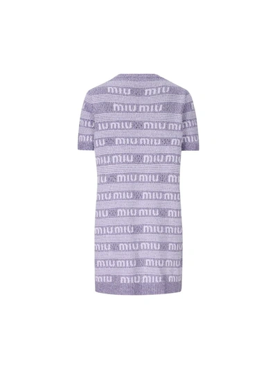 Miu Miu Wool Blend Mini Sweater Dress With Embroidery In Glycine