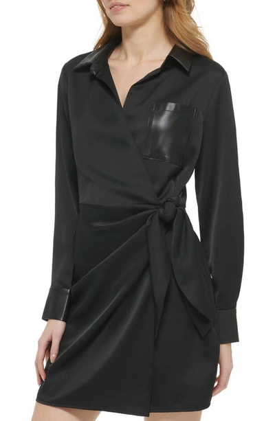 Shop Dkny Mixed Media Long Sleeve Minidress In Black/ Black