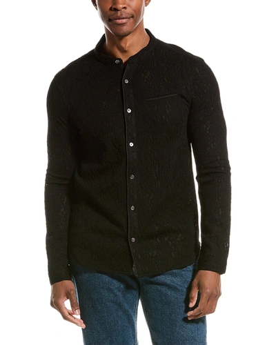 John Varvatos Glenn Lace Band Collar Wool Blend Button-up Shirt In Black