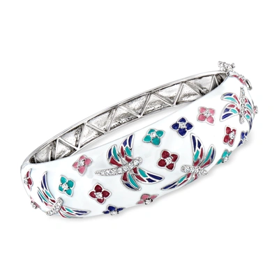 Shop Ross-simons White Zircon And Multicolored Enamel Floral Butterfly Bangle Bracelet In Sterling Silver. 7 Inches In Blue