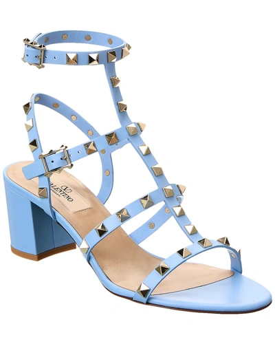 Shop Valentino Rockstud Caged 60 Leather Ankle Strap Sandal In Blue