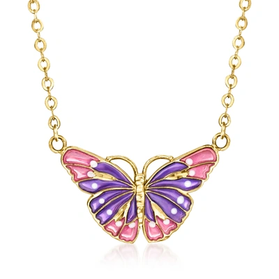Shop Ross-simons Italian Multicolored Enamel Butterfly Necklace In 14kt Yellow Gold In Purple