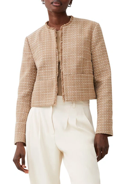 Shop French Connection Effie Fringe Detail Tweed Jacket In Camel Classic Cream