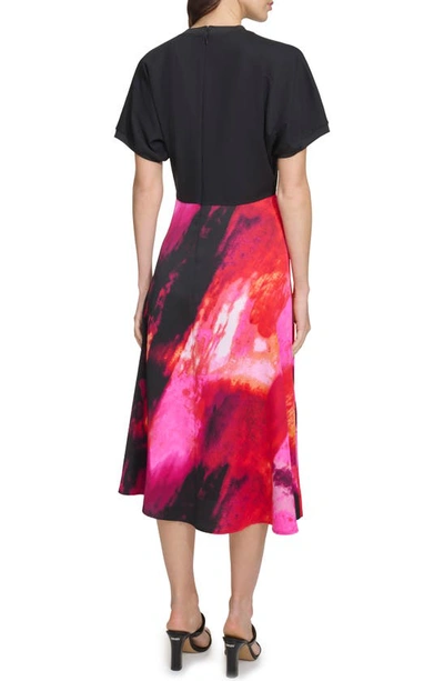 Shop Dkny Sportswear Mixed Media Satin Midi Dress In Black/ Shocking Pink Multi