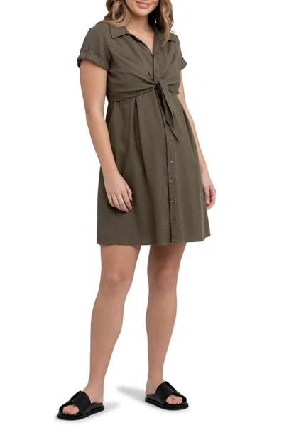 Shop Ripe Maternity Colette Tie Linen Maternity Dress In Olive