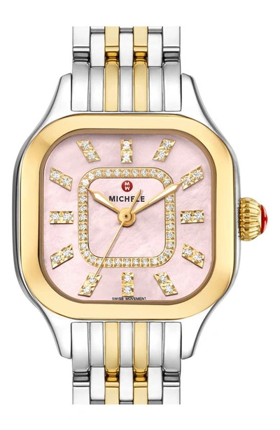 Shop Michele Meggie Diamond Two-tone Bracelet Watch, 29mm In Silver/ Gold/ Rose Gold
