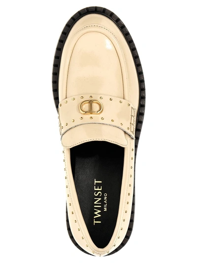 Shop Twinset Studded Logo Loafers In White/black