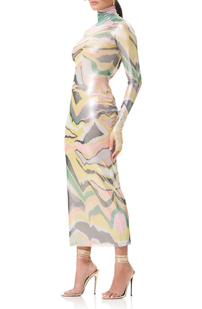 Shop Afrm Shailene Foil Print Long Sleeve Dress In Soft Linear Abstract