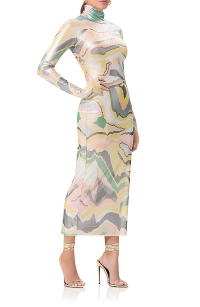 Shop Afrm Shailene Foil Print Long Sleeve Dress In Soft Linear Abstract