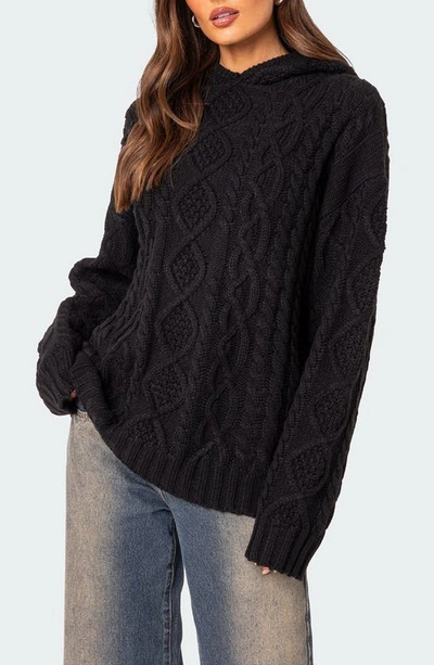 Shop Edikted Oversize Cable Knit Hoodie In Black