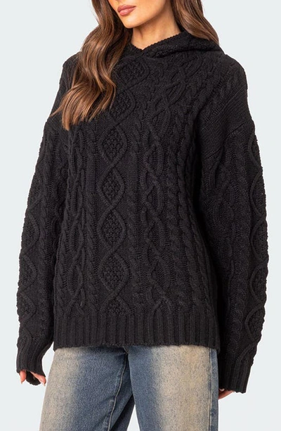 Edikted Women's Oversized Cable Knit Sweater Hoodie In Black