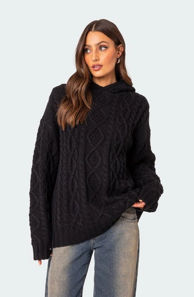 Shop Edikted Oversize Cable Knit Hoodie In Black
