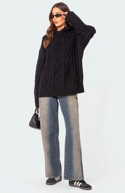 Shop Edikted Oversize Cable Knit Hoodie In Black
