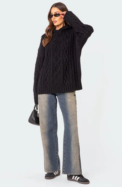 Edikted Women's Oversized Cable Knit Sweater Hoodie In Black