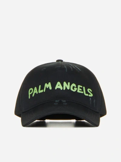 Shop Palm Angels Logo Cotton Baseball Cap In Black,green Fluo