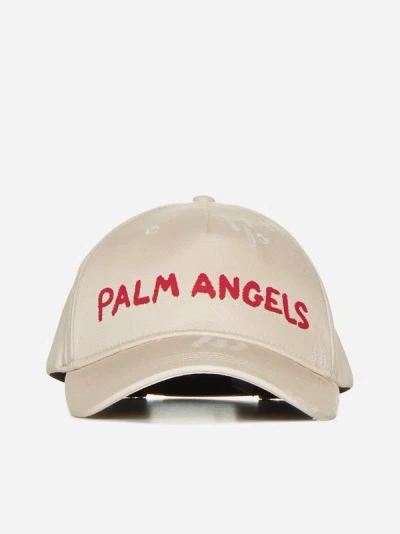Shop Palm Angels Logo Cotton Baseball Cap In Off White,red